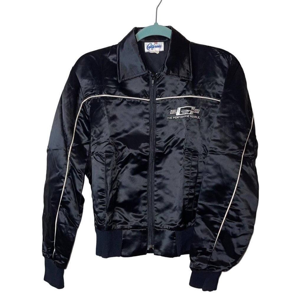Vintage 1980s Men Mr. Gasket Bomber Jacket Size Extra Small Black Satin Full Zip